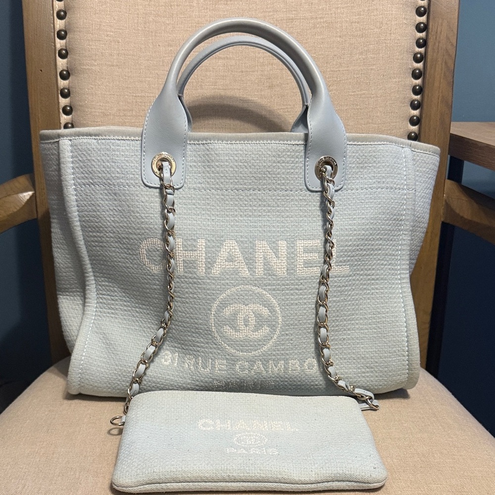 AUTHENTIC Chanel Small Deauville Shopping Tote in Blue Boucle w/ Gold Hardware